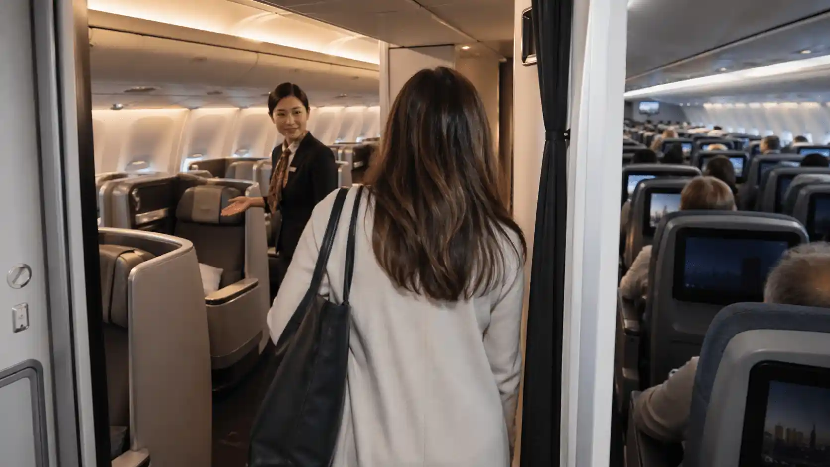 first-time business class passenger exploring airline suite controls