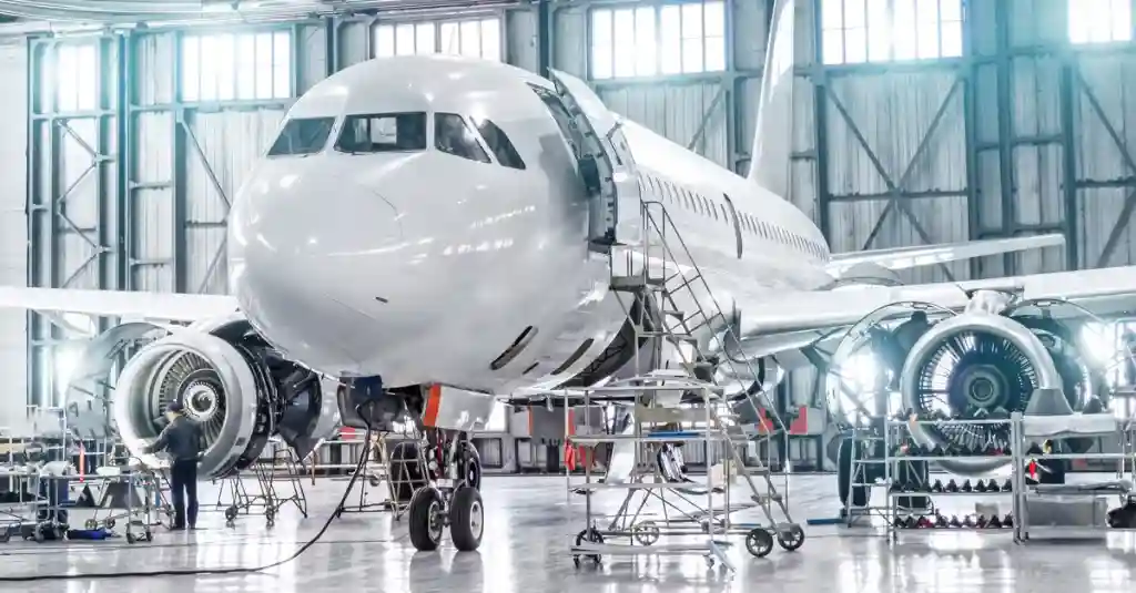 widebody aircraft undergoing heavy maintenance in airline hangar