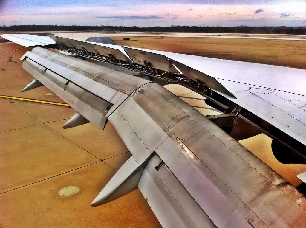 Boeing 757 wing with extended flaps and leading edge slats during landing