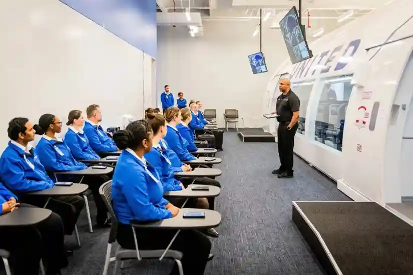 United Airlines pilots training inside Boeing 787 full flight simulator Denver