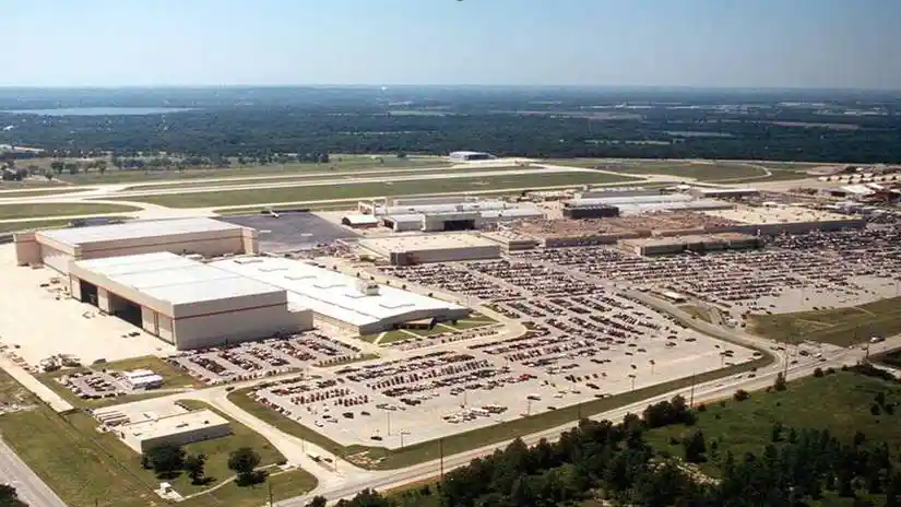 American Airlines Tech Ops Tulsa maintenance base aerial view with massive aircraft hangars