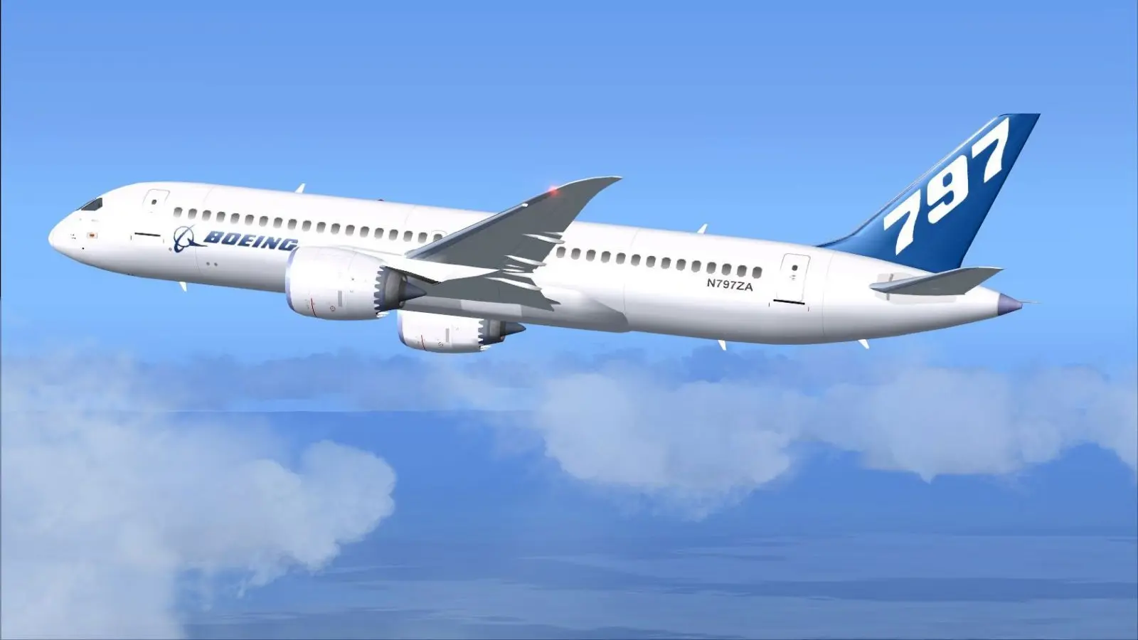 Boeing New Midsize Airplane 797 concept aircraft flying over airport runway