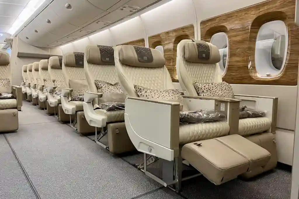 Emirates Airbus A380 premium economy cabin cream leather seats