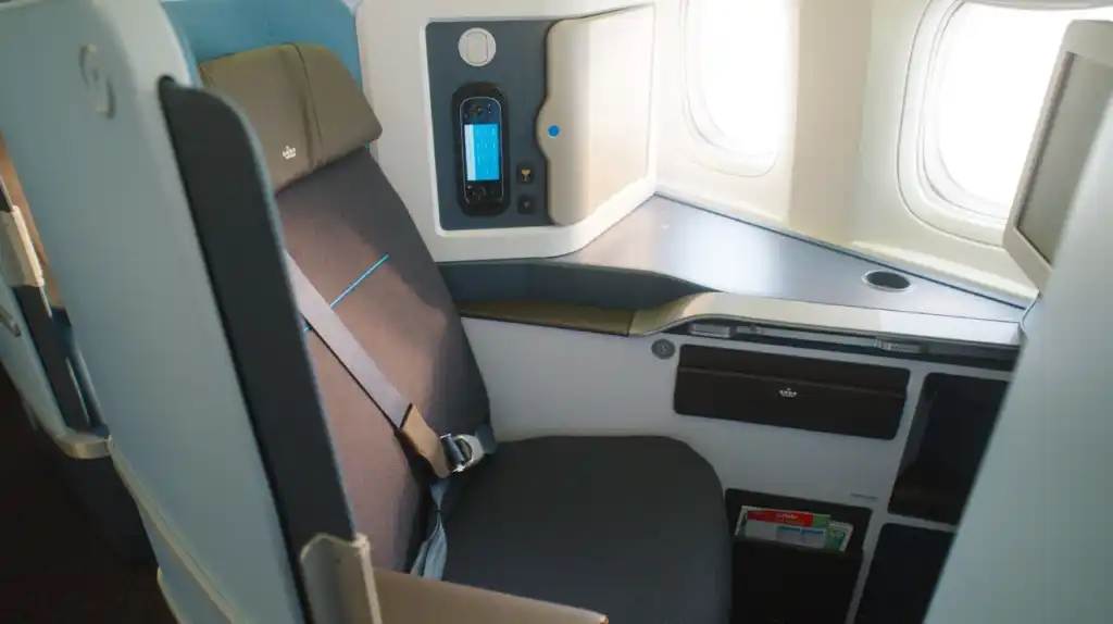 KLM Airbus A350 business class cabin with modern privacy suites