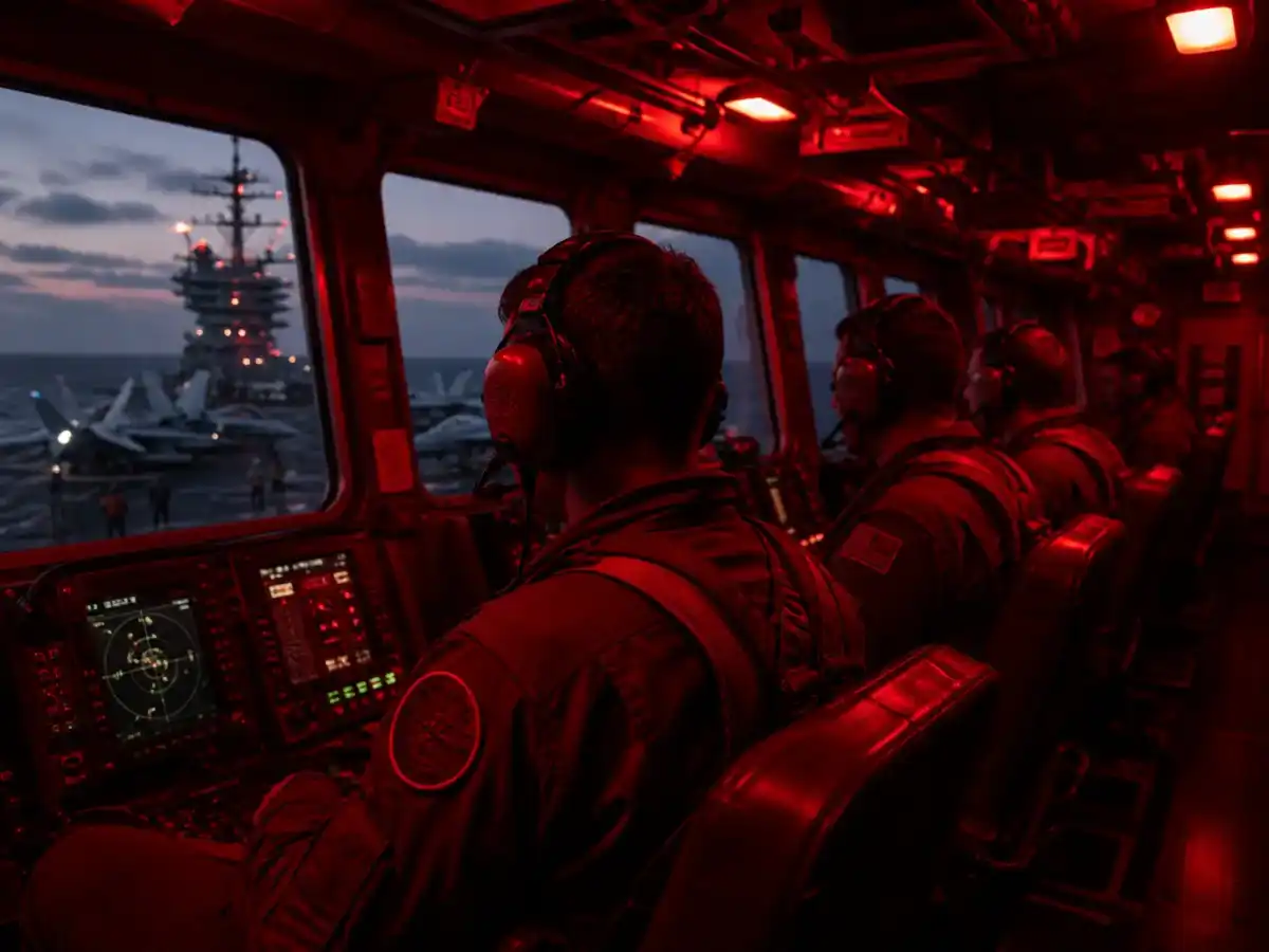 military vehicle interior with red cockpit lighting during night mission
