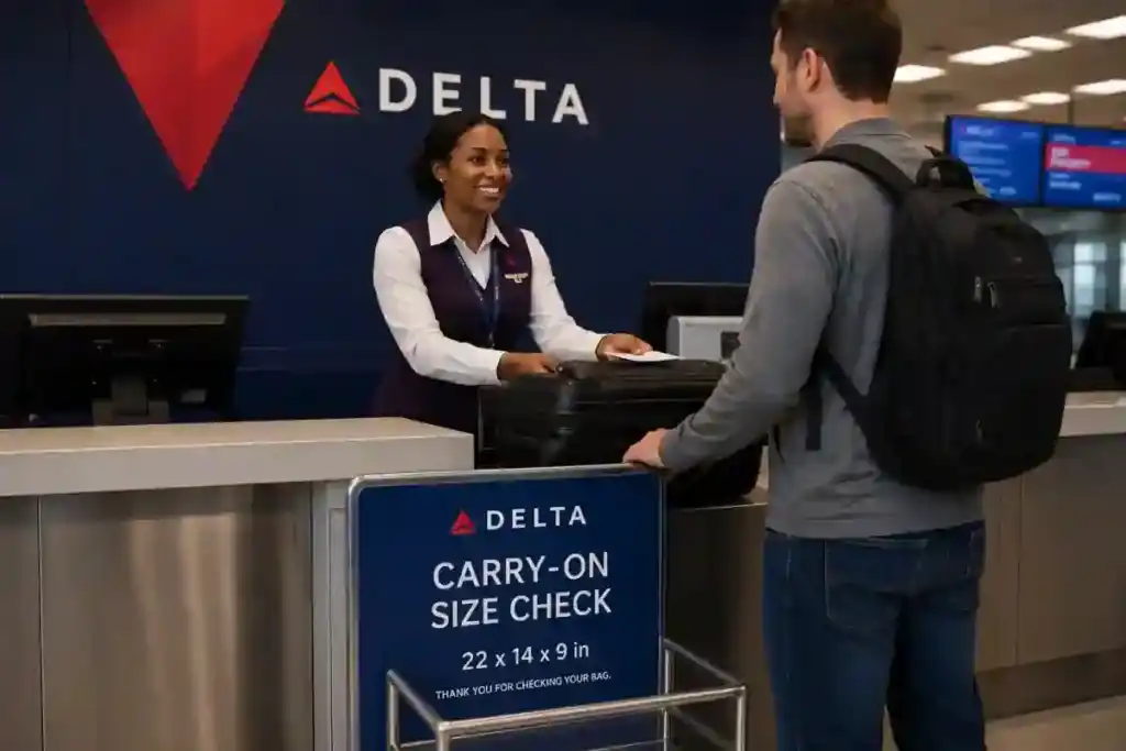 Delta Air Lines Boeing aircraft at airport terminal with passengers checking baggage 2026