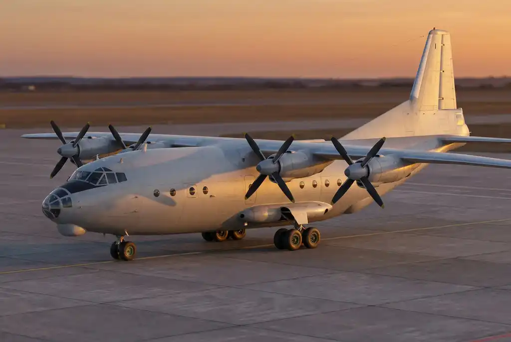 aging Antonov An-12 cargo freighter African airstrip Soviet turboprop aircraft