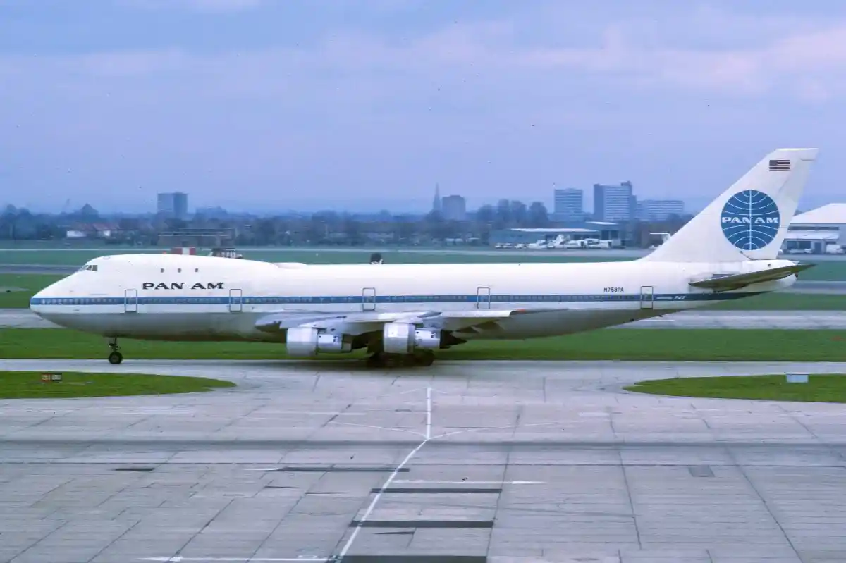 Boeing 747SP parked at an airport during the 1970s oil crisis era