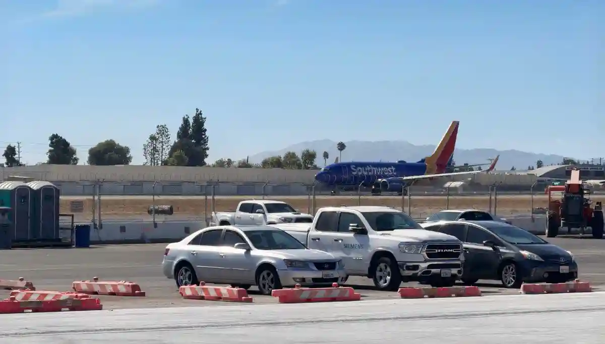 Hollywood Burbank Airport mobile stairs aircraft boarding at new terminal gates