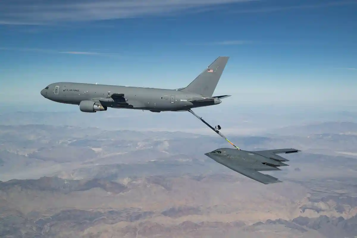 KC-46 Pegasus aerial refueling B-2 bomber and USAF combat aircraft