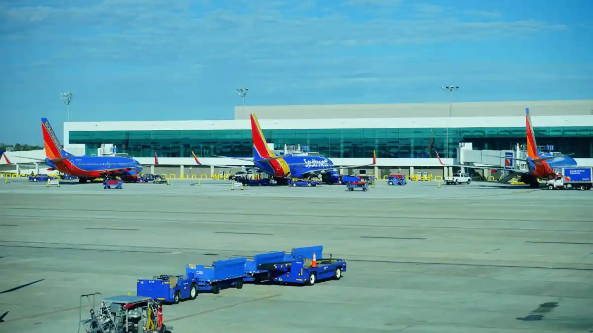 Southwest Airlines aircraft parked on Houston Hobby Airport tarmac during a security investigation