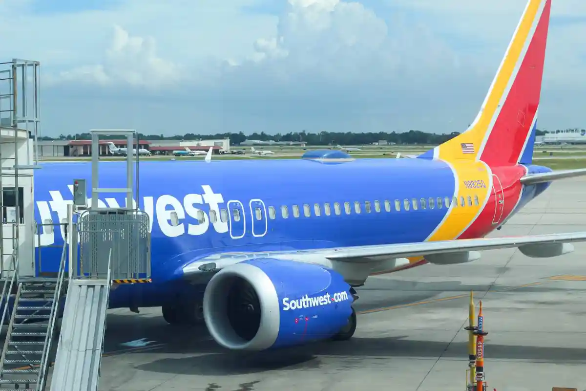 Southwest Airlines Boeing 737 at Houston Hobby Airport gate during passenger security screening