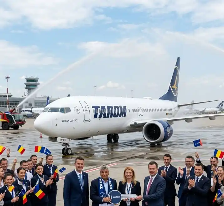 TAROM Boeing 737 MAX 8 YR-BGO Mircea Lucescu at Bucharest Otopeni Airport