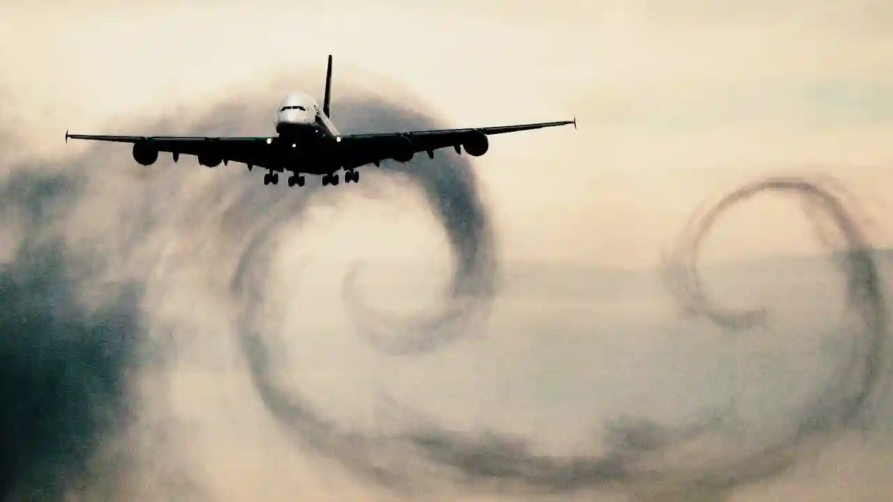 Airbus A380 wake vortices trailing from wing tips during departure climb