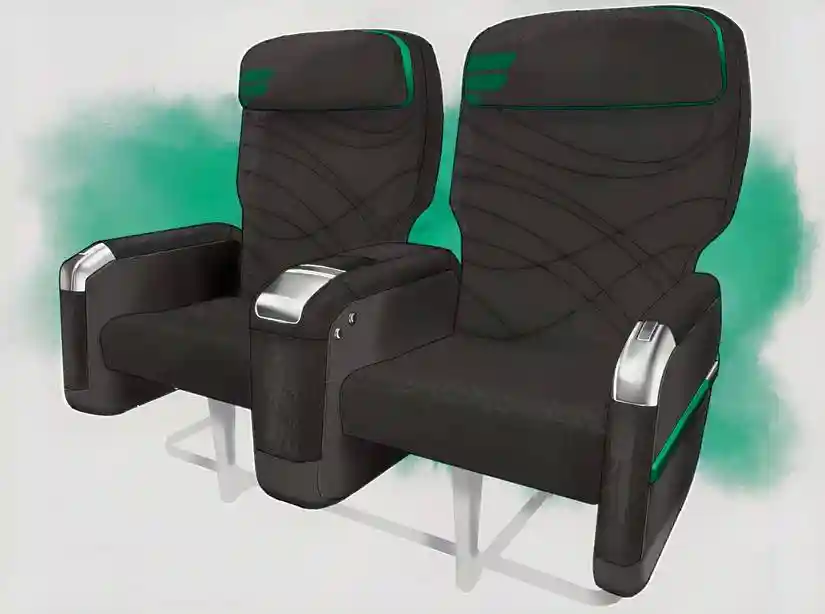 Geven Comoda first class seat inside Frontier Airlines Airbus A320neo cabin