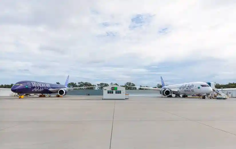 Riyadh Air Boeing 787-9 white livery and indigo aircraft fleet expansion