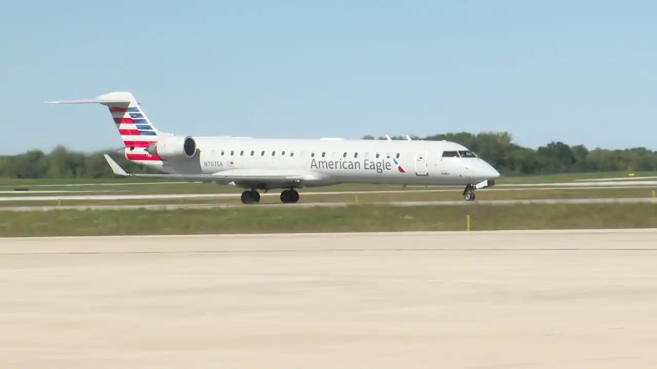 South Bend Regional Airport terminal with American Airlines regional flight