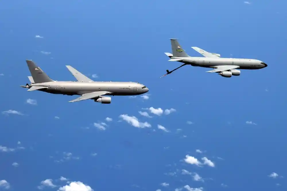 US Air Force KC-46 Pegasus and KC-135 Stratotanker aerial refueling over Indo-Pacific